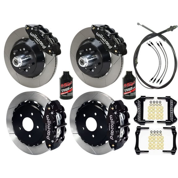 WILWOOD SUPERLITE 13 FRONT & REAR BIG BRAKE COMBO WITH FREE PARKING BRAKE CABLE, BRAKE LINES & BRAKE FLUID, SLOTTED ROTORS, BLACK CALIPERS, For 1965-1967 MUSTANG WITH 2.66 Axle