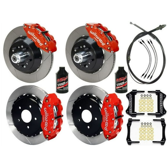 WILWOOD SUPERLITE 13 FRONT & REAR BIG BRAKE COMBO WITH FREE PARKING BRAKE CABLE, BRAKE LINES & BRAKE FLUID, SLOTTED ROTORS, RED CALIPERS, For 1965-1967 MUSTANG WITH 2.36 REAR AXLE