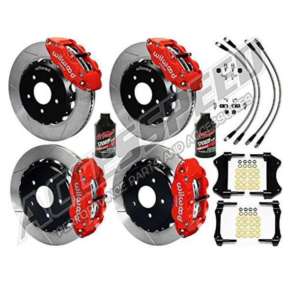 WILWOOD WRANGLER 14 FRONT & 13 REAR BIG BRAKE KIT WITH FREE BRAKE LINES & FLUID, SL6R 14 FRONT & SL4R 13 REAR SLOTTED ROTORS, RED CALIPERS, For 2007-2018 JEEP WRANGLER JK