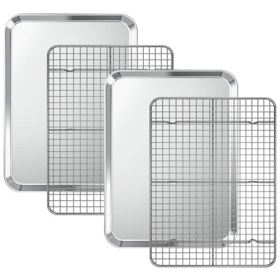 WIN&YING Baking Sheets and Racks Set, Stainless Steel Rectangle Baking Sheet Oven Tray and Cooling Grid Rack for Cookies Meats, Size 16 x 12 x 1 Inch