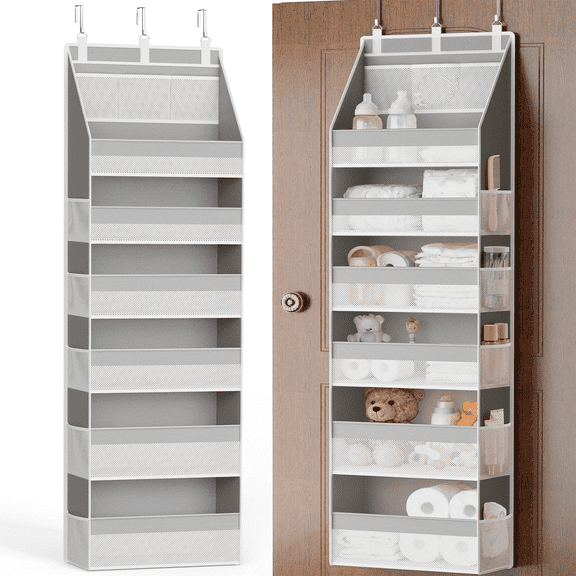 WIN&YING Over the Door Organizer for baby , 6-Shelf Thickened non-woven fabric Closet Hanging Storage, 3 Pcs upgrade hooks, 55lbs Capacity, Gray