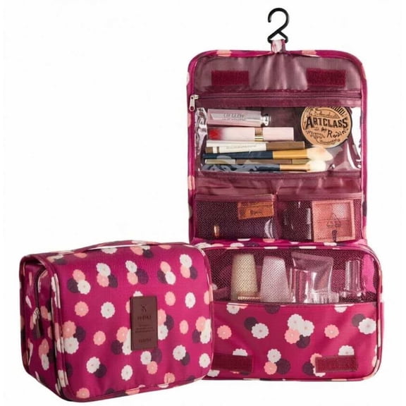 WIN&YING Portable Travel Toiletry Bag Home Cosmetic Organizer Makeup Bag, Wine Red & Flower