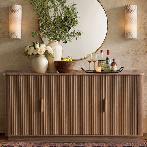 win2win 63" Mid-Century Modern Fluted Sideboard Buffet Cabinet, Walnut