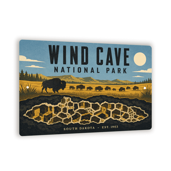 "WIND CAVE NATIONAL PARK" Aluminum Sign - WPA Travel Poster Style - 8"x 12" National Park Wall Art For Park Lovers & Outdoor Enthusiasts