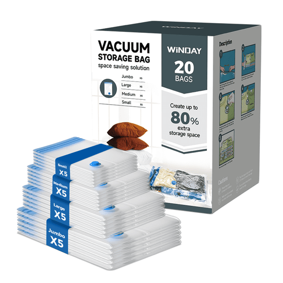 WINDAY Vacuum Storage Bags 20-Pack, Space Saver Compression Bags for Clothes, Bedding, Comforter, Blanket Storage (No Pump)