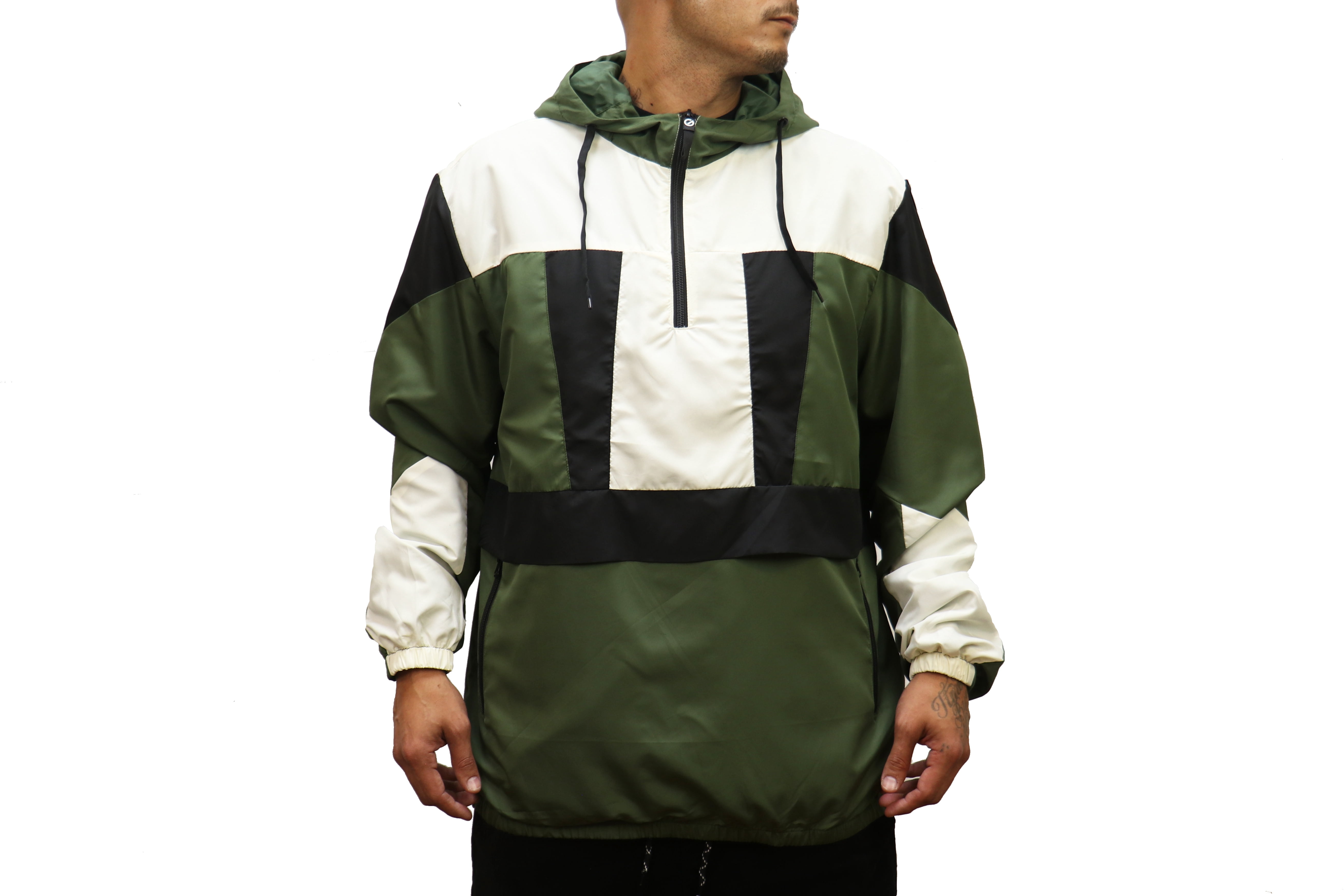 WINDBREAKER COLOR BLOCK 1/4 ZIP MOCK NECK HOODED PULL OVER JACKET ...