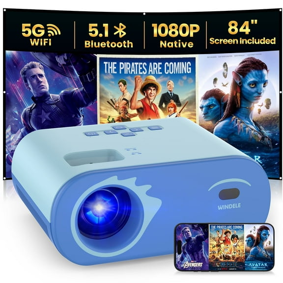 WINDELE 5G WIFI Bluetooth Projector with Screen, USB-C Power Bank Powered 1080P Projector for Outdoor (Blue)