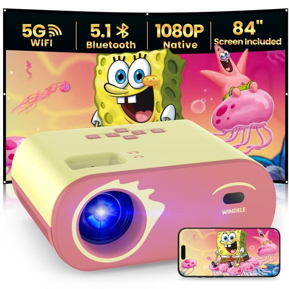 WINDELE 5G WIFI Bluetooth Projector with Screen, USB-C Power Bank Powered 1080P Projector for Outdoor (Yellow)