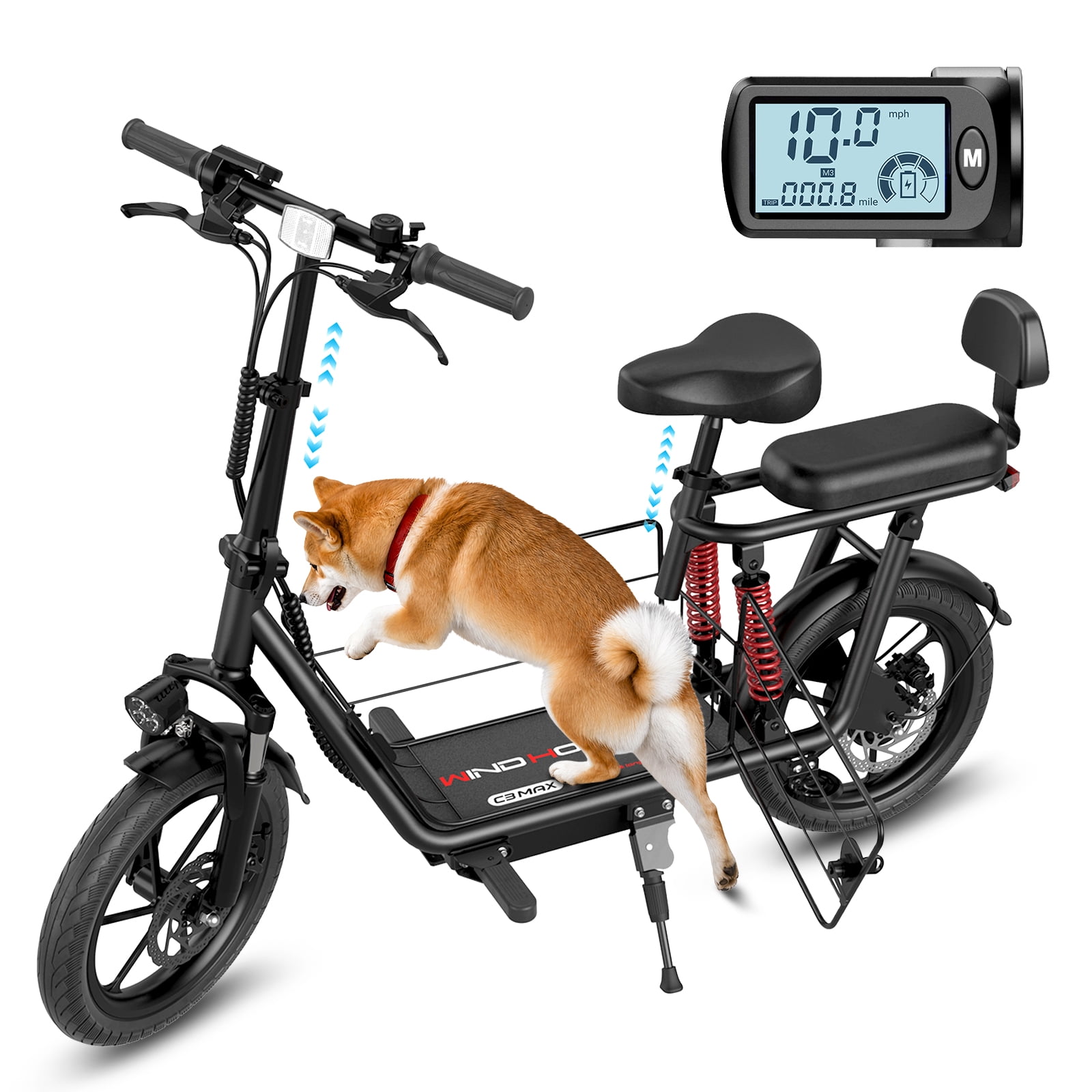 WINDHORSE 16" Electric Scooter for Adults with 2 Seats, 40 mile Long Range, 720W Motor 20 mph, Foldable E-Scooter with Side-Door Pet Basket Commuting