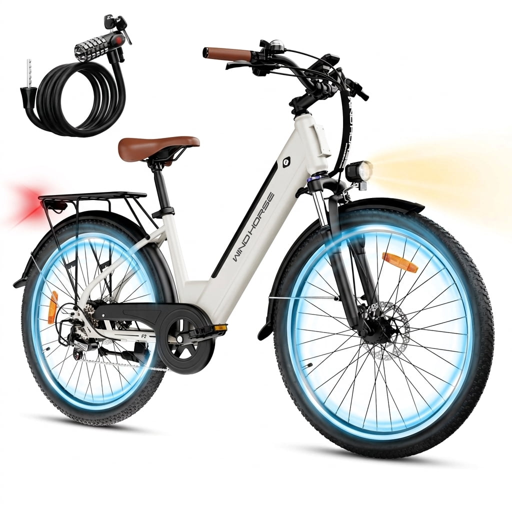 WINDHORSE 26" Electric Bike for Adults 20MPH & 25-50 Miles Range, 468WH Removable Battery, 350W Motor, Lockable Front Suspension Fork, Rear Rack, Free Lock