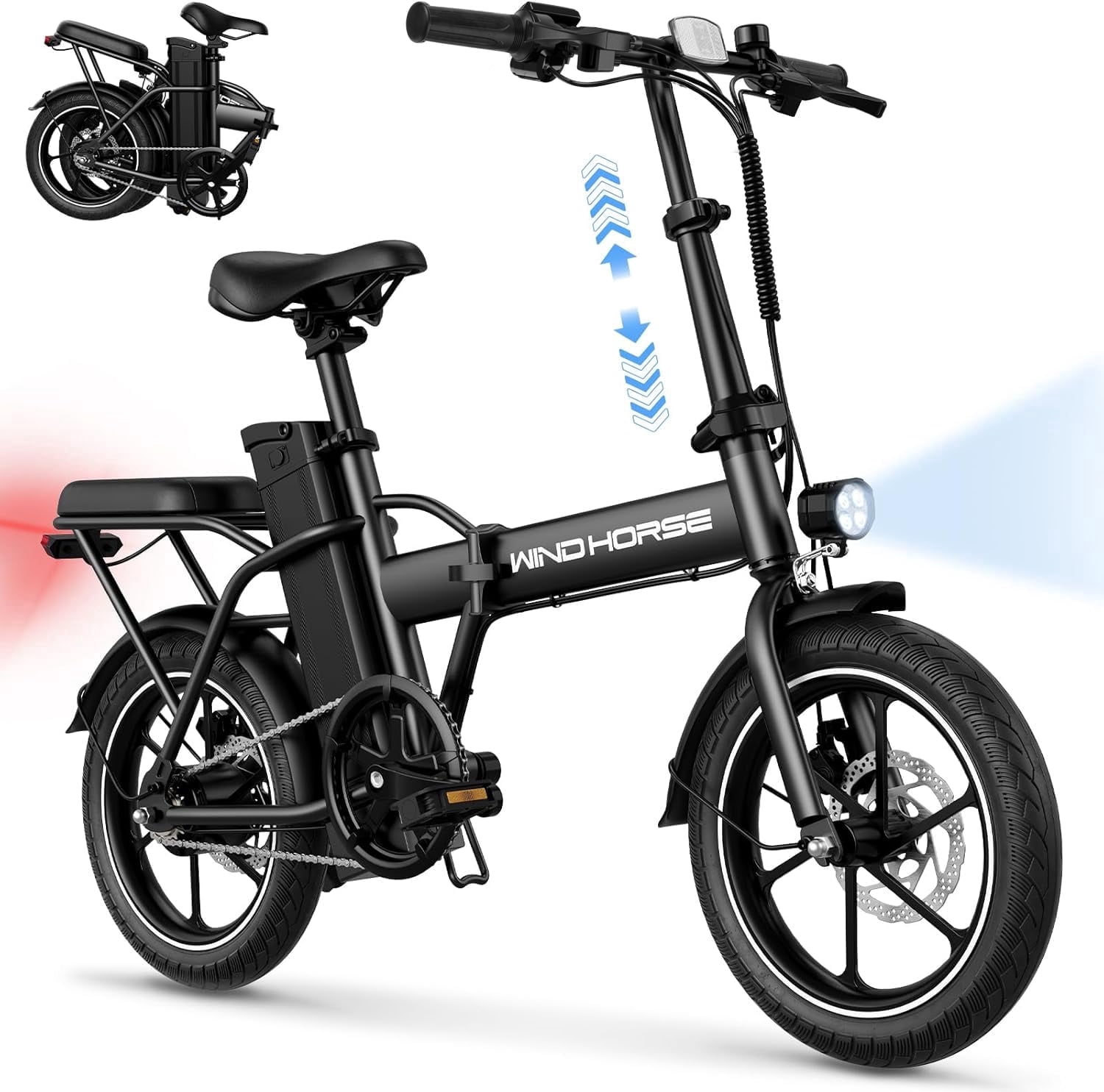 WINDHORSE Foldable Electric Bike for Adults with Dual Seat, 16" Ebike Peak 630W High Speed Motor 20 mph, 36V Removable Battery 20-35mile Range, UL2849