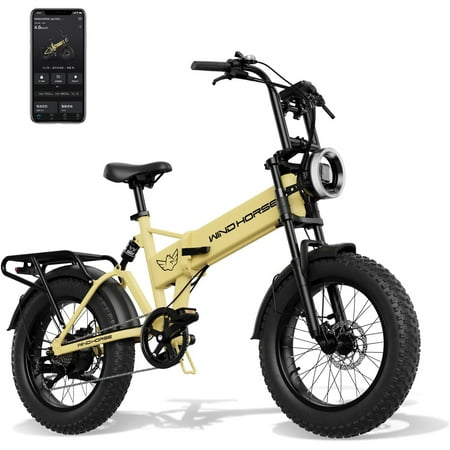 WINDHORSE Smart E Bike for Adults, 48V 13AH Foldable Electric Bike with 750W Motor, 20MPH 50 Mile Range, 7-Gears, Dumping Power Outage, 20" Fat Tires Beach Cruiser Bike (Yellow)