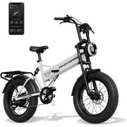 WINDHORSE Smart E Bike for Adults, 48V 13AH Foldable Electric Bike with 750W Motor, 20MPH 50 Mile Range, 7-Gears, Dumping Power Outage, 20" Fat Tires Beach Cruiser Bike (White)
