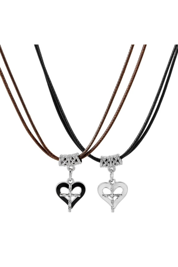2pcs Couple Heart Cross Cat Pendant Necklace Elegant Collar Choker Black Rope Necklace Neck Chain Fashion Jewelry
