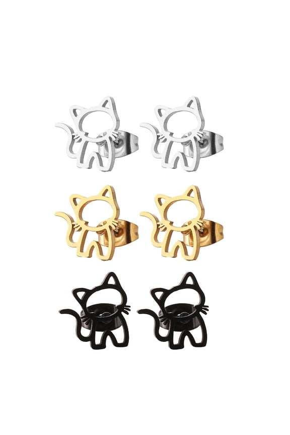 3 Pairs Stud Earrings Cute Cat Earrings Adornment Stainless Steel Ear Piercing Jewelry Mini Ear Studs for Women