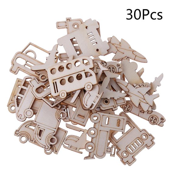 WINDLAND 30 Pcs/Set Transportation Craft Cutouts Kit Unfinished Natural Wooden Slices