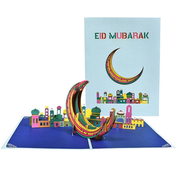 WINDLAND 3D Pop-Up Eid Mubarak Greeting Card Happy Eid Cards with Envelope Castles Moon Postcards for Eid Party Decoration