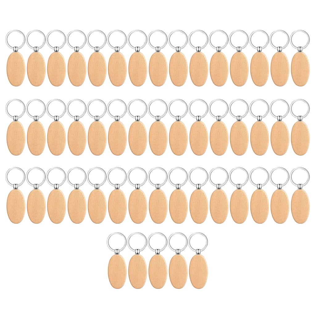 WINDLAND 50Pcs/set Blank Beech Wood Key Tags Metal Key Chain Rectangle/Round/Oval-Shaped