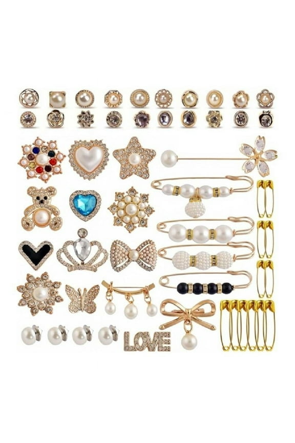 55Pcs Artificial Pearls Rhinestones Brooch Pins Clothing Safe Pin Sweater Shawl Clip Brooch Charm for Socks and Shoes