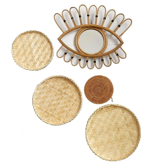 WINDLAND 6Pcs/Set African Boho Style Handmade Wall Hanging Woven Basket Decorative Rattan Seagrass Bowls Disks for Home Living Room Bedroom Decor