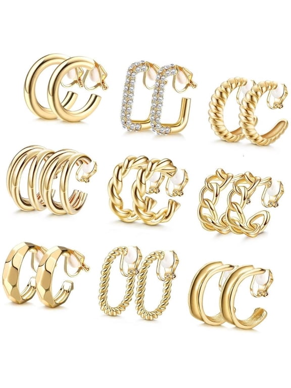 9x Gold Clip On Hoop Earrings Comfortable No Pierced Ear Clip Jewelry For Women