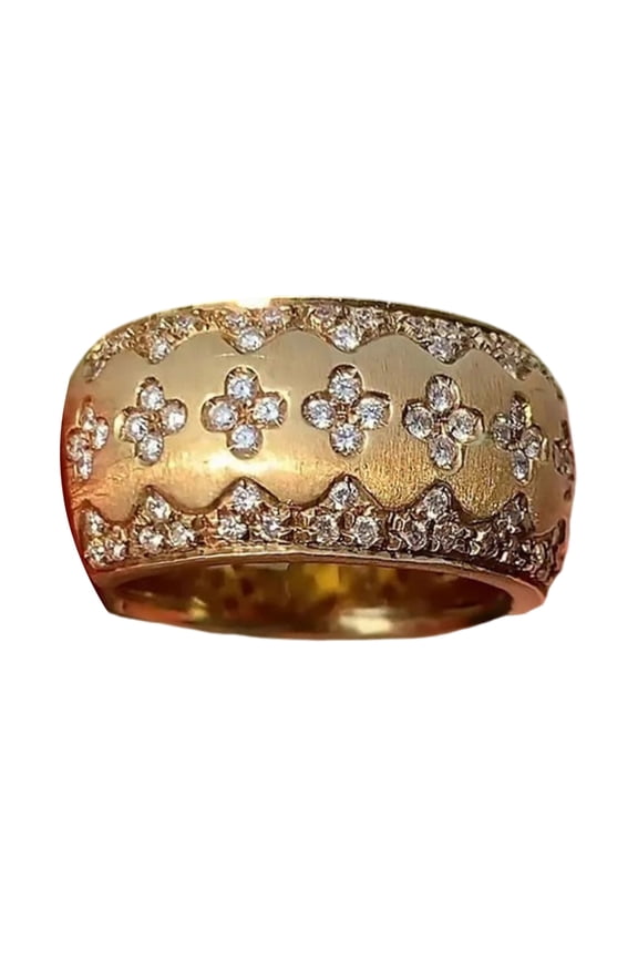 Antique Inspired Clovers Pattern Wide Band Ring Ring With Sparkling Stones Formal Event Jewelry For Women