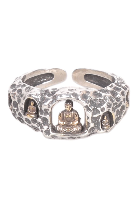 Buddhist Inspired Artisanal Metal Ring Adjustable Fit Rock Texture Jewelry For Spiritual Wear