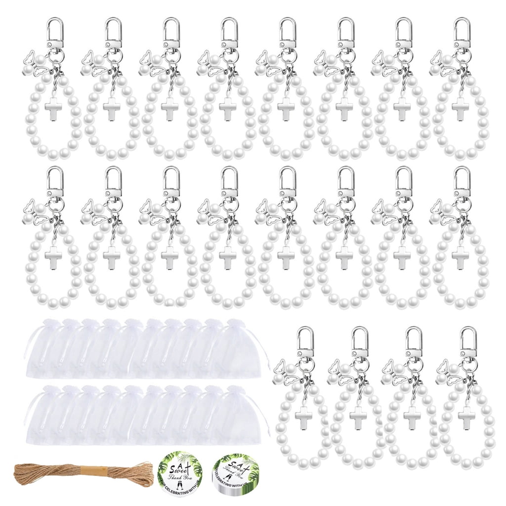 WINDLAND Bulk 20Sets Crosses Pearls Keychain Gifts For Family Friends Kids Wedding Baby Shower Party Favors In Organza Bags