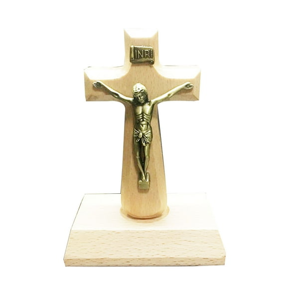 WINDLAND Carving Jesus Wooden Pedestal for Cross Table Altar Church Decor Religious Favor Standing Crucifix with Base 4.7x2.5in