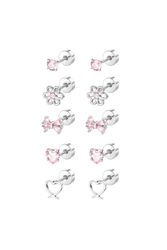 Cute Bowknot Butterfly Heart Flower Studs Surgical Steel Earrings Allergy Resistant for Sensitive Ears with Screw Back