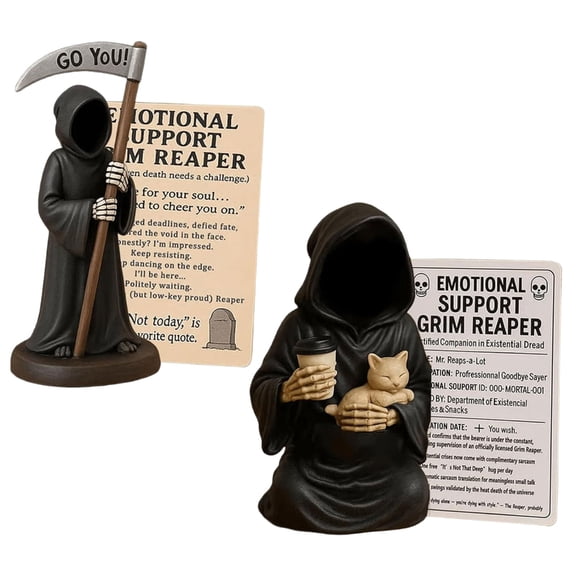 WINDLAND Dark Comedy Death Statue with Cats Companion And Coffee Cup Detailed Resins Craft Emotionally Support Sculpture Ornament