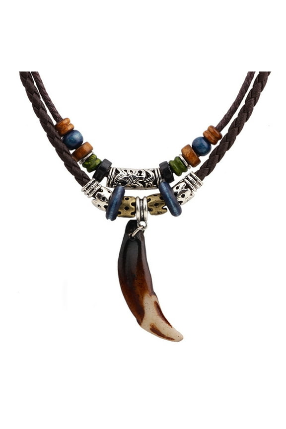 Double Layers Black Tribal Necklace with Charm for Cross Pendant Vintage Style Braided Necklace for Women Men Gi