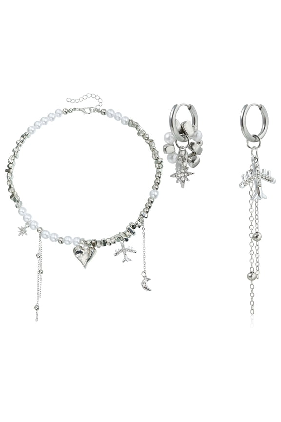 Fashionable Asymmetrical Heart Jewelry Set Star Moon Design Alloy Craftsmanship