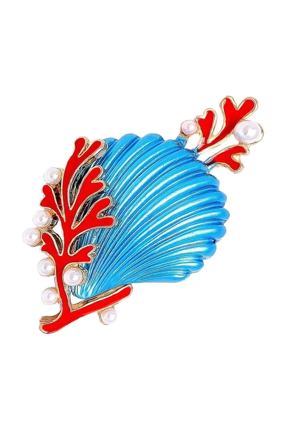 Fashionable Coral Shell Brooch Pearls Enamel Lapel Pin Alloy Statement Jewelry