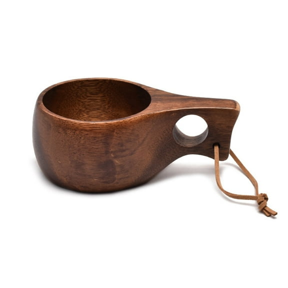 WINDLAND Finland Kuksa Portable Coffee Mug Acacia-Wood Handle Cowhide Rope Hook Juice Milk Cup Coffee Drinking Cup Drinkware