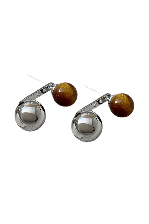 Geometric Designs Tigers Eye Stones Earrings With Silver Metal Sphere Ear Studs
