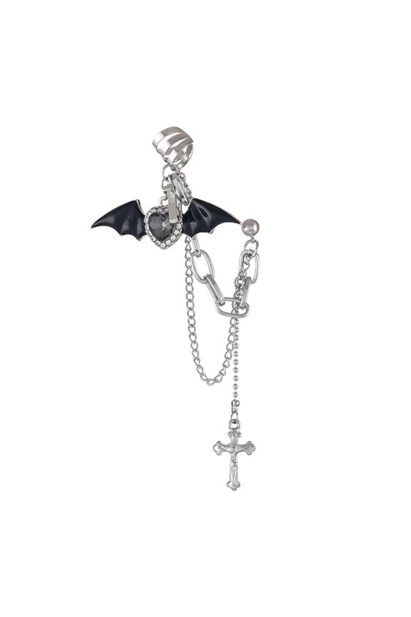 Punk Devil Crossed Chain Earrings Loves Rhinestones Ear Clip Jewelry