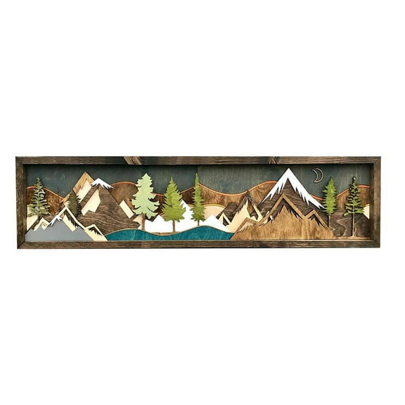 WINDLAND Handmade Wooden Wall Art Decoration Mountain Range Theme Picture Rustic Farmhouse 3D Natural Landscape for Home Living Room Bedroom