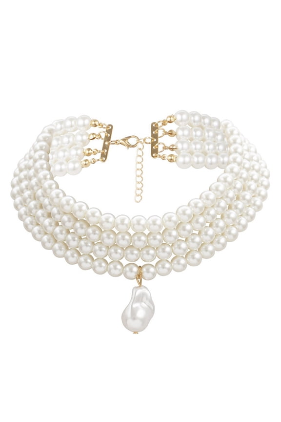 Simulated Pearl Necklaces Statement Bridal Choker Multi-Layer Pearl Necklace