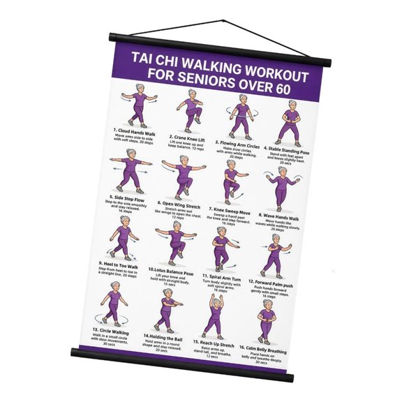 WINDLAND Indoor Taiji Walking Wall Poster, Age 60+ Exercise Guide Chart with 16 Forms