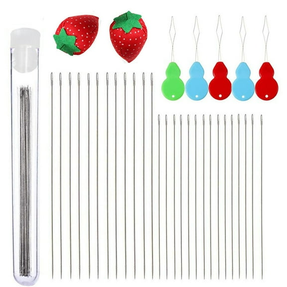 WINDLAND 47 Pcs Big Eye Bead Needle Needle Strawberry Sewing Needles Holder Pin Cushion for Bead Threading Jewellery Making