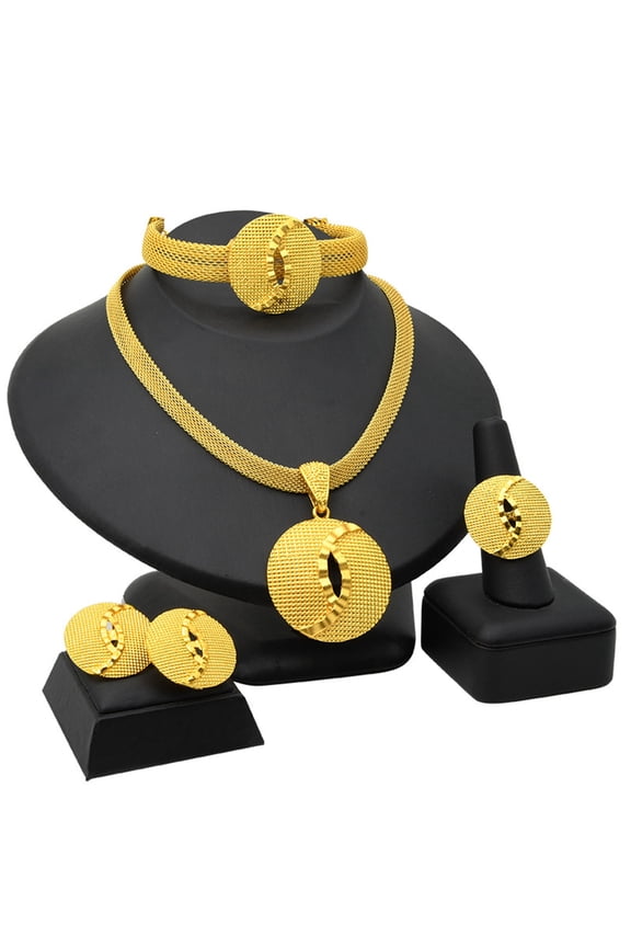 4Pcs/kit 24K Gold Plated Dubai Necklace Earrings Ring Bracelet Set Indian Bridal Jewelry for Wedding Party Birthday Gift