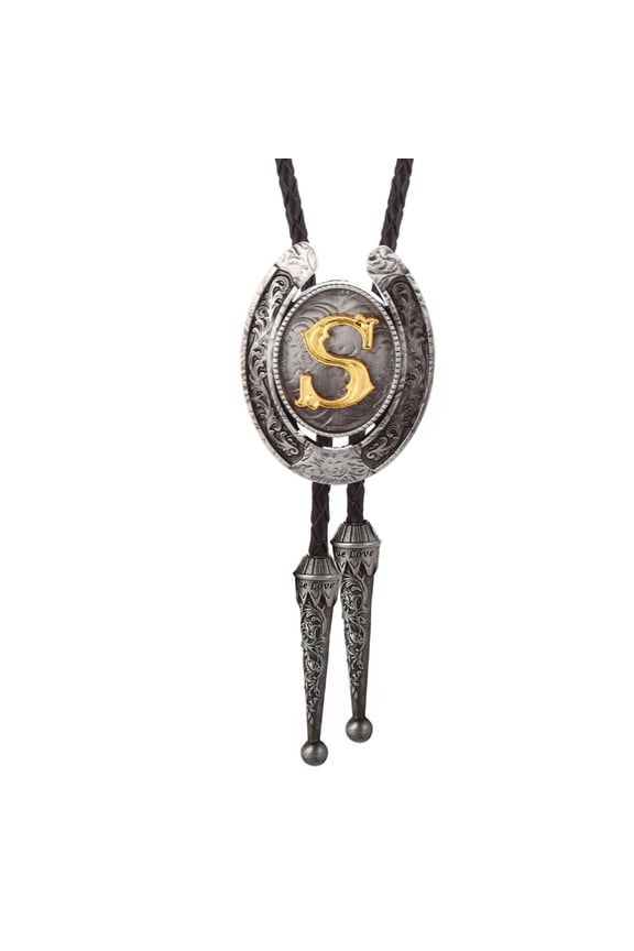 Metal Initial Letter Western Cowboy Bolo Tie Fashion Faux Leather Rope Necktie