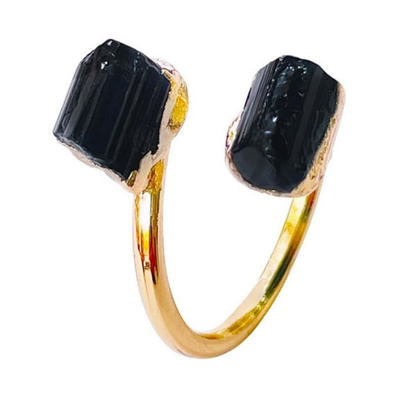WINDLAND Natural Raw Black Adjustable Finger Ring with Gold Plated Perfect October Birthstone Gift for Her Jewelry