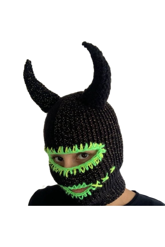 Novelty Devil Horn Hat Knit Balaclava Beanie Cap Women Outdoor Skiing Hiking Hat