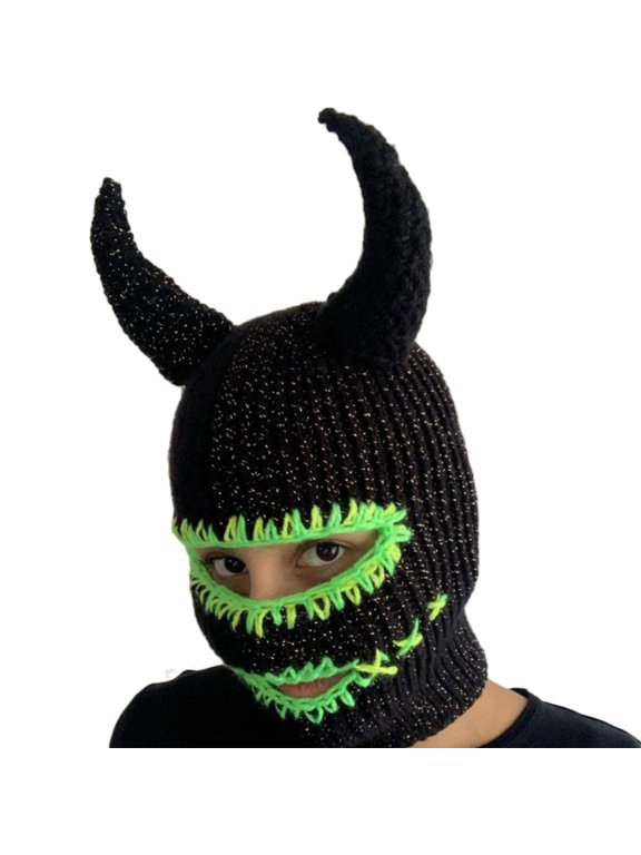Novelty Devil Horn Hat Knit Balaclava Beanie Cap Women Outdoor Skiing Hiking Hat