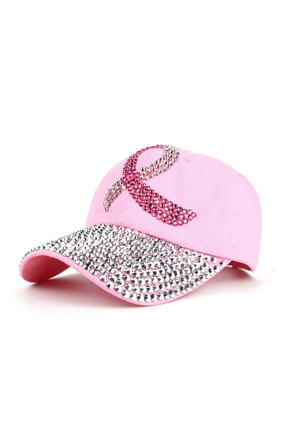 Rhinestone Ribbon Breast Cancer Awareness Hat Peaked Hat Pink Ribbon BaseballHat