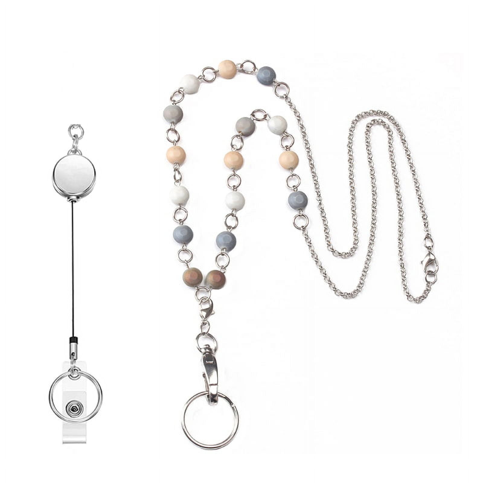 WINDLAND Simple Beaded Chain ID Badge Holder Leaves Retractable Name ...