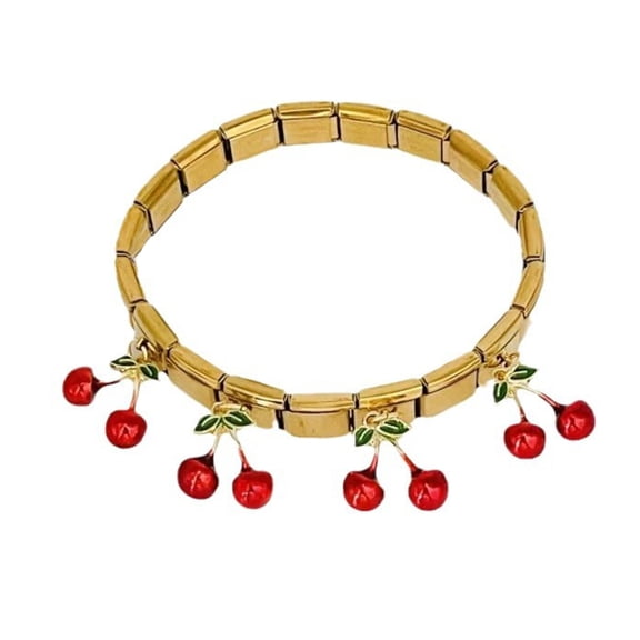 WINDLAND Trendy Adjustable Stainless Steel Handcuff With Strawberry and Cherrys Accent Suitable for Casual Outings Wear