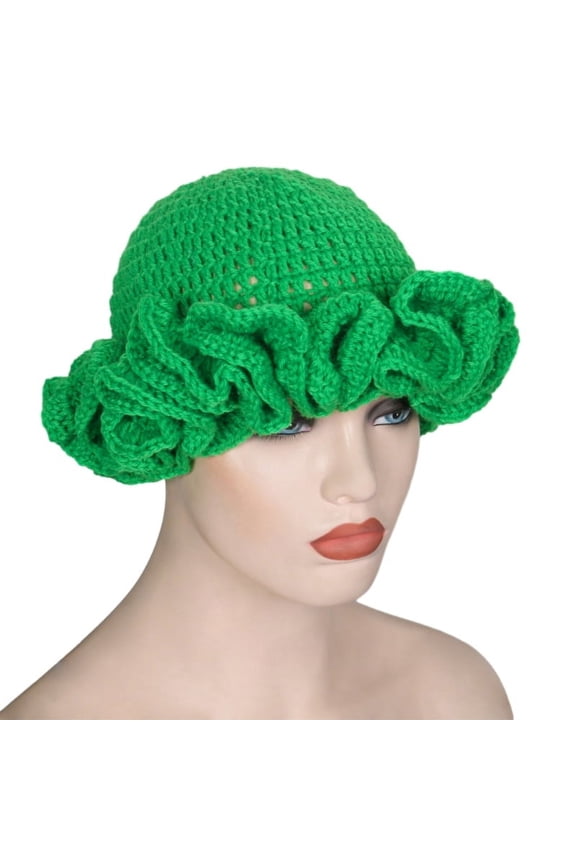 Sweet Girls Crochet Ruffled Brim Bucket Hat Cute Ladies Fisherman Hat Exaggerated Style Teens Winter Windproof Hat